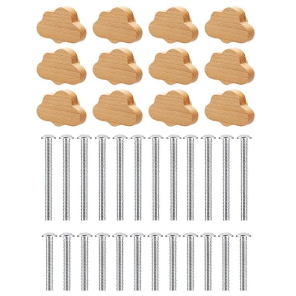 Boho dörrknoppar - 12-pack hållbara lådknoppar i bokträ, molnformade handtag för skåp, möbler