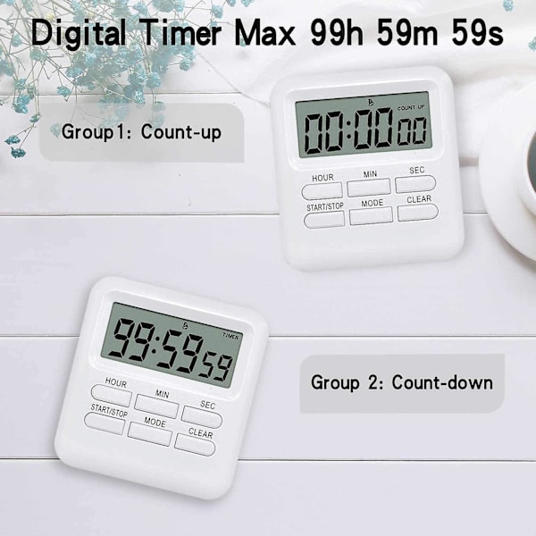 Digital timer med 3-i-1 ur/vækkeurfunktion, magnetisk køkkentimer, nedtællingsstopur