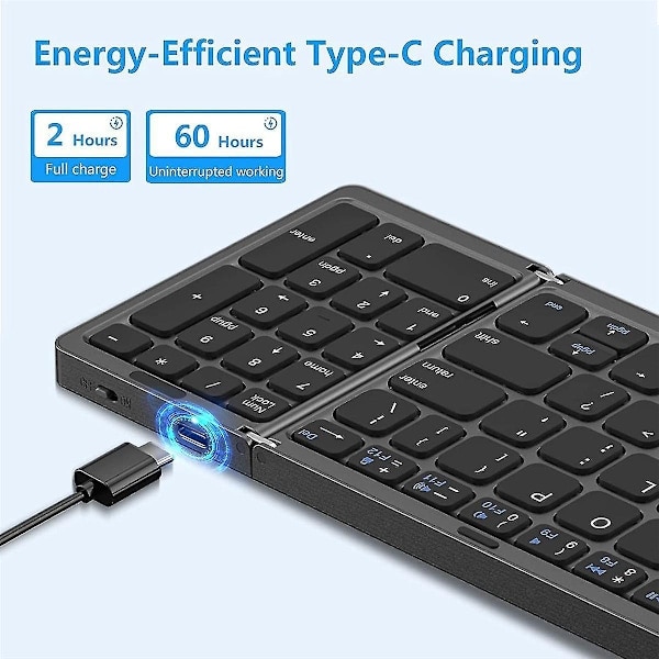 Foldbart, trådløst USB-genopladeligt tastatur til iOS, Android, Windows PC, bærbar computer, smartphone - Sort