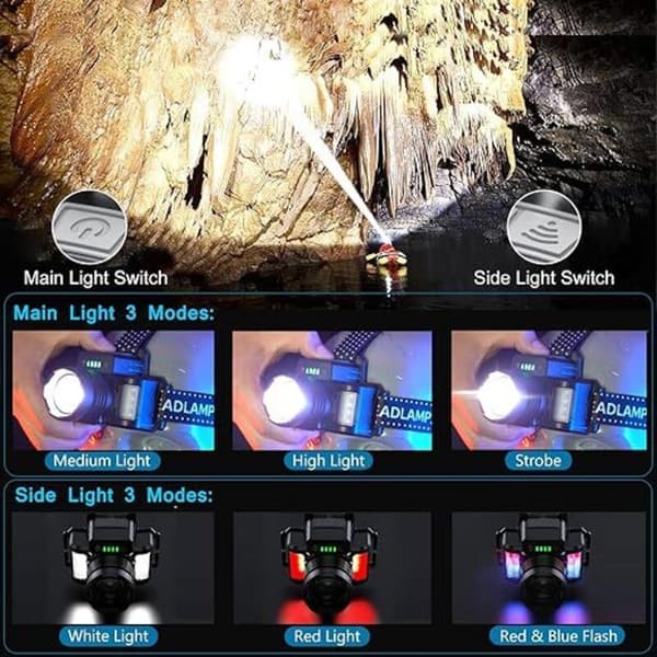 Oppladbar LED-hodelykt, ultra-kraftig 50 000 lumen, 3+3 moduser, sensor og rødt/blått lys, USB-oppladbar hodelykt justerbar til 45°