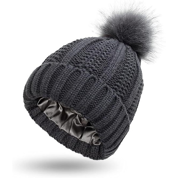 Vinterstrikket Hat til Kvinder, Fast Pompom Beanie, Varmt Satinfor, Silkefor Beanie, Hæklet Udendørs Beanie Gray