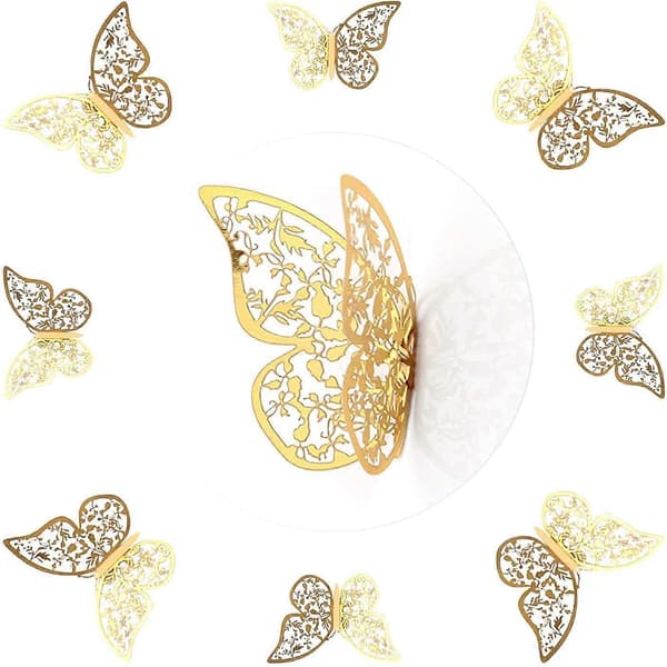 24 kpl 3D-perhostarraa, 3 kokoa, perhostarrat huoneeseen gold