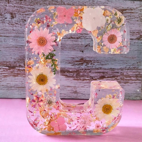 Blomster Resin Natlampe, Pressede Blomster Resin Bogstaver m/ LED Lys Gave til Hende - Yvan C