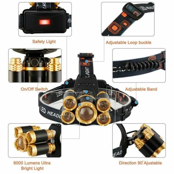 Kraftig hodelykt 5x T6 LED med batterier + 12V lader + bil Svart