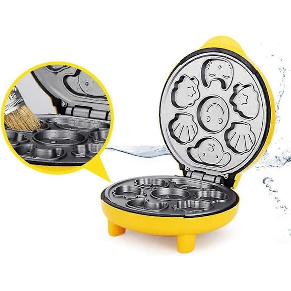 Mini våffeljärn med djurmotiv, gör 7 intressanta specialformade pannkakor, automatisk avstängning, non-stick panna, gul