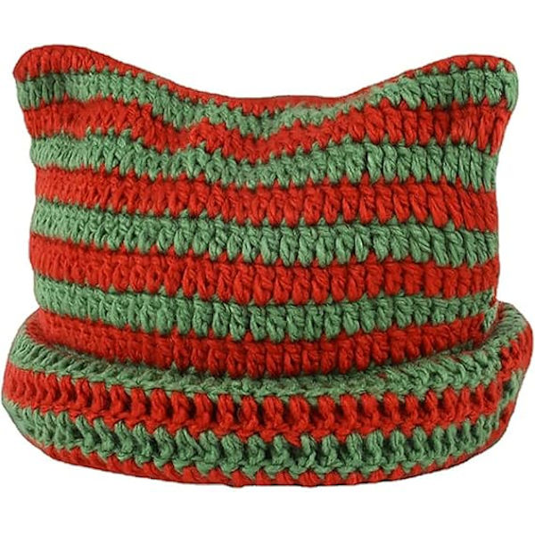 Damkatt Beanie Stickade Mössor med Öron Stickade Vinter Varma Elastiska Mössor Slouchy för Flickor Vuxna Barn Red+Green