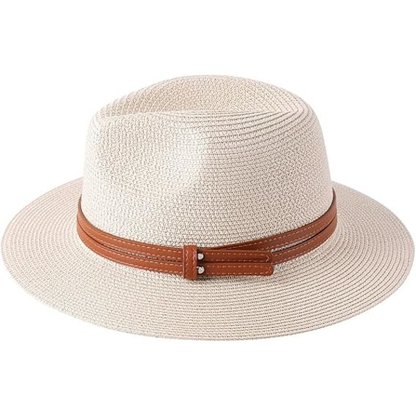 Ny Naturlig Panama Blød Formet Stråhat Sommer Dame/Herre Bredskyggede Strand Solhat UV Beskyttelse Fedora Hat Beige