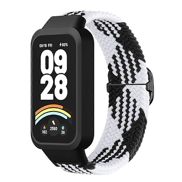 Xiaomi Smart Band 9 Active Redmi Band 3 -rannekkeeseen kudottu nylonranneke napsautettavalla suojakotelolla - Musta Valkoinen Multicolor Black White