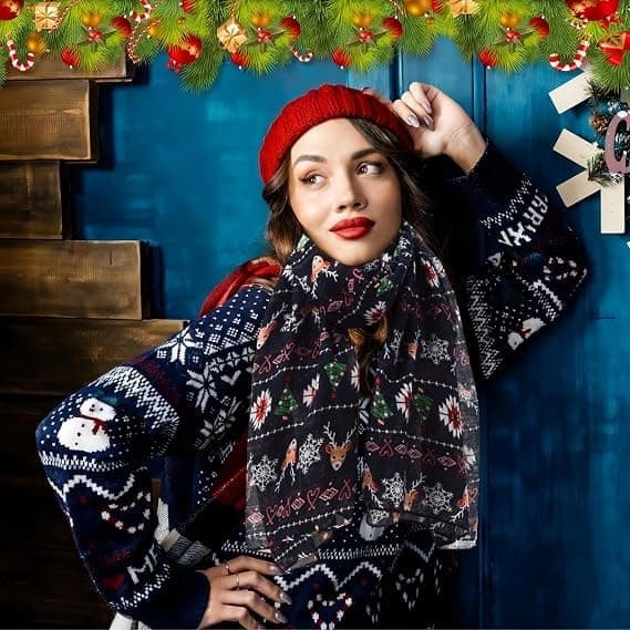 Dame Skjerf - Julemotiv Sjal - 180x90cm - 100% Polyesterfiber - Reinsdyrmønster