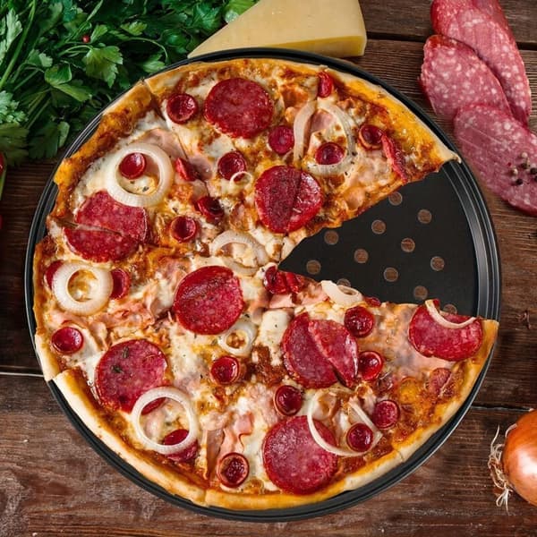 Pizzapanne, sett med 4, rund, perforert, non-stick, flamme-mønstret, stål, form, ∅ 32 cm, antrasitt