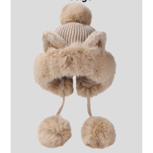 Damernas Två Boll Kattöron Öronlapp Beanie Varm Stickad Hattar Fluffig Plysch Tjock Päls Vinterhatt Beige