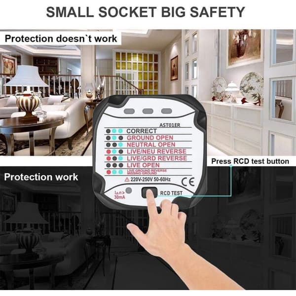 AST01 Stikkontakttester, GFCI Strømuttakstester Automatisk Elektrisk Kretsdetektor (220V EU-plugg)