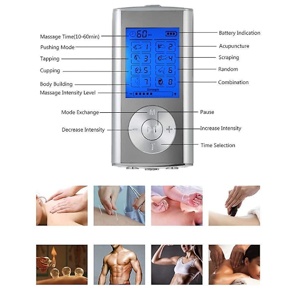 Kaksikanavainen TENS-laite kehon kivunlievitykseen, hierontalaite +8 elektrodityynyä, fysioterapia