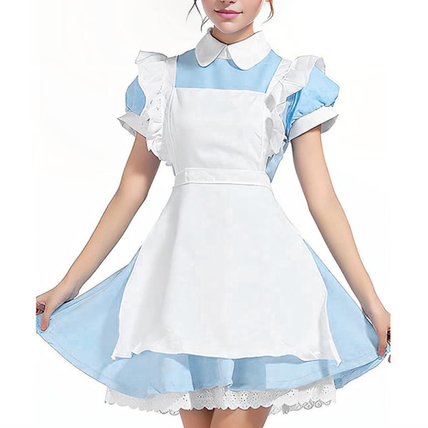 Blå Alice i Underlandet Kostym Maid Outfit Svart rosett Tiara XL