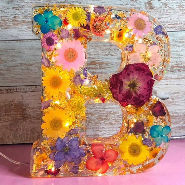 Blomster Resin Natlampe, Pressede Blomster Resin Bogstaver m/ LED Lys Gave til Hende - Yvan B