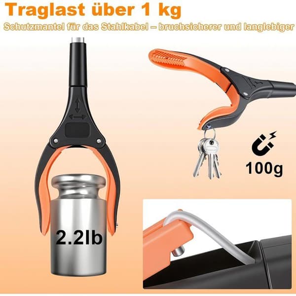 Sett med 2 plukkeverktøy 83 cm, sammenleggbart med roterende hode, magnetisk tupp og sklisikkert håndtak, for eldre og barn