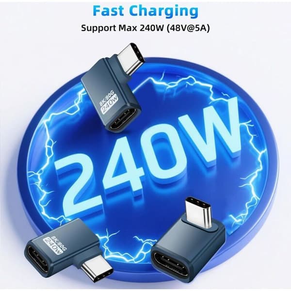 3-pak 90° USB-C forlængeradaptere, 80 Gbps USB-C han til hun, 240W Thunderbolt 5 forlængerstik til iPhone 15/16, Steam Deck, tablets