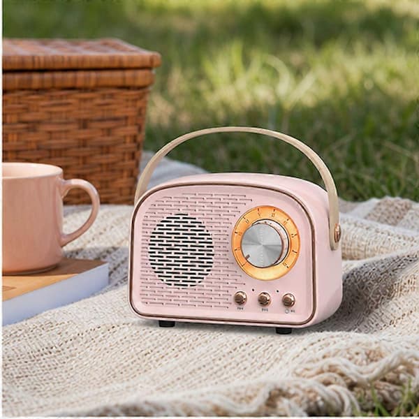 Retro bærbar Bluetooth-høyttaler med radio og bærehåndtak, rosa