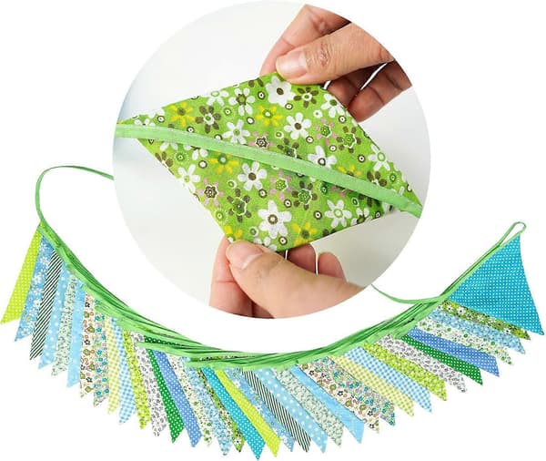 36 stk. blå stoffvimpelbanner, 10 m dobbeltsidig bomullsvimpel, trekantet flaggkrans, blomstervimpel-vimpler for bryllupsbursdagsfester Green