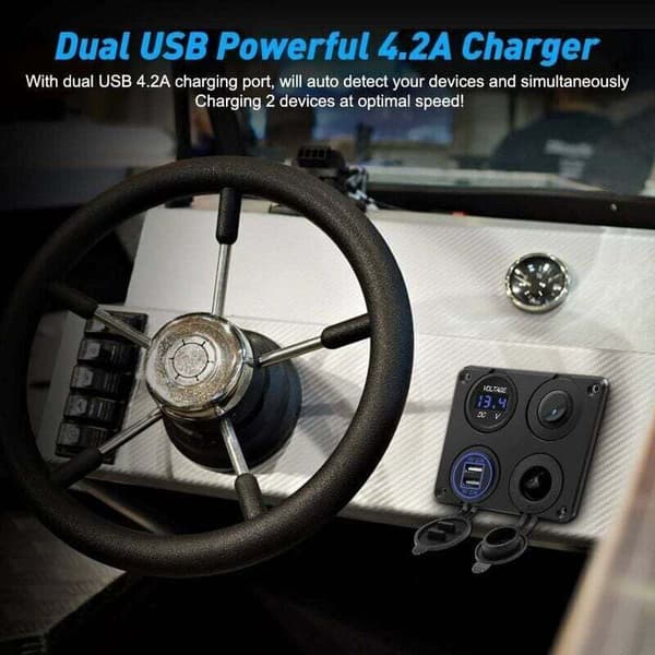 Tupakansytyttimen pistorasia, kaksi 4,2A USB-porttia, 12V DC-ulostulo