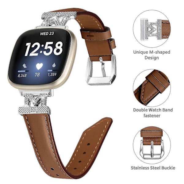Ægte læderrem i M-form til Fitbit Versa 3/Versa 4/Sense/Sense 2 Brown Fitbit Versa 3