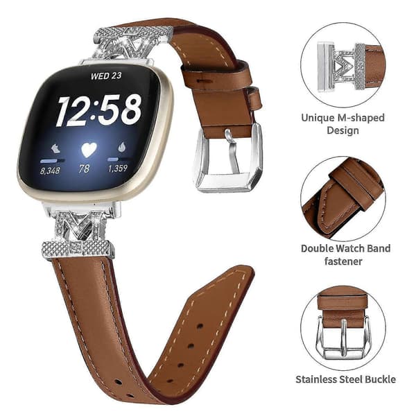 Ekte skinnrem i kuskinn med M-form for Fitbit Versa 3/Versa 4/Sense/Sense 2 Brown Fitbit Versa 3