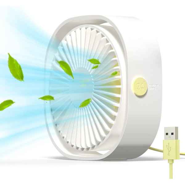 Pieni USB-pöytätuuletin, hiljainen, kannettava, 3 nopeusasetusta, 360° säädettävä kääntö kotikäyttöön ja matkoille (ei akkua) White