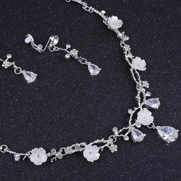 Bröllopskrona Blomma Rhinestone Kristall Halsband Och Örhängen Smyckesset För Brud 1