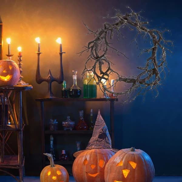 Halloween-krans, krans av døde greiner, vindusdekorasjon 43 cm, dekorativ svart greinkrans, dørkrans