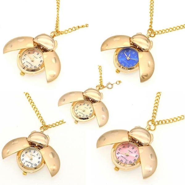 Uudet leppäkerttukellot Kuoriainen Kello naiset miehet lapset taskukello opiskelijat kvartsikello avaimenperät taskukello kaulakoru kellot kulta Pink with chain