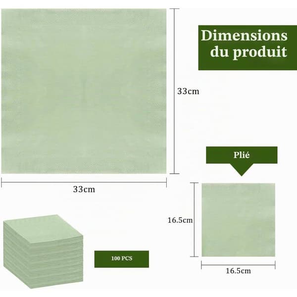Salviegrønne papirservietter - 100 stk. - 33x33 cm - Bløde og absorberende - Til bryllupper og picnics
