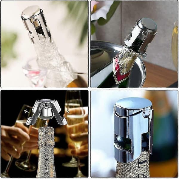 Champagne Propper, Sæt med 4 vakuumforseglede mousserende vinflaskeforseglere i rustfrit stål