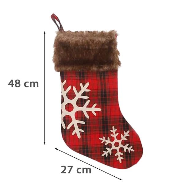 Ternet julestrømpe med imiteret pels, vinter snefnug design dekoration til pejs, væg og dør, rustik rød sort