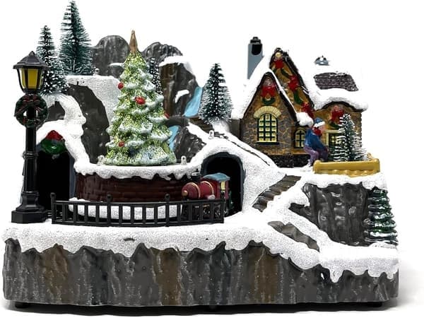Julelandsby Lysende Musikkboks, Snøfjell Roterende Tog, Snømannmodell, Julepynt Gavekolleksjon E