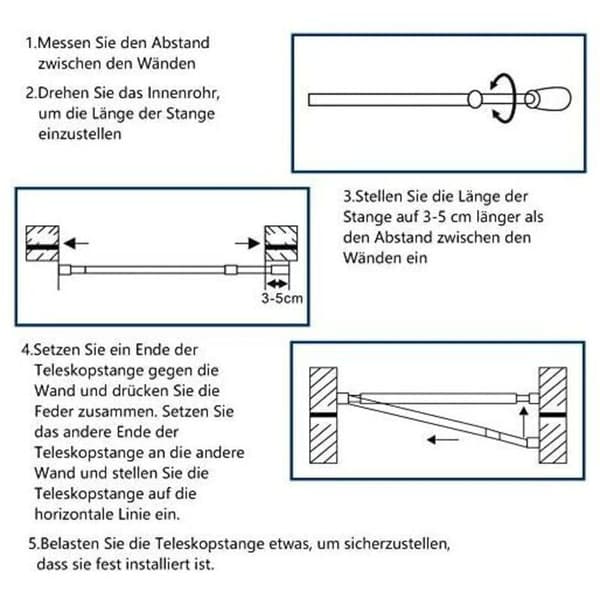Teleskopisk bruseforhængsstang i rustfrit stål, justerbar længde 65-100 cm, borefri installation, skridsikker måtte