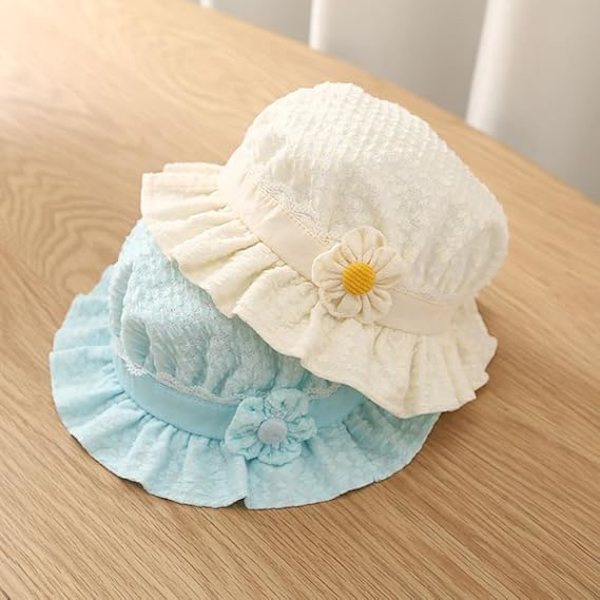Solhatt för babyflickor, blomspetsbroderi sommar UPF50+ bredbrättad bucket-hatt semester strandhatt med elastiskt hakband