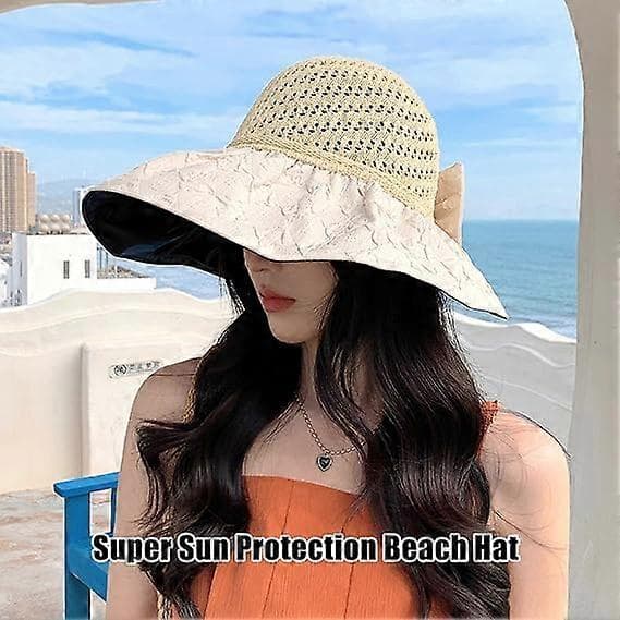 Dame Strand Solhat Bred Skygge Super Solbeskyttelse Solhat med Sort Gummi Solbeskyttelse UV Foldbar Justerbar Solhat Off White