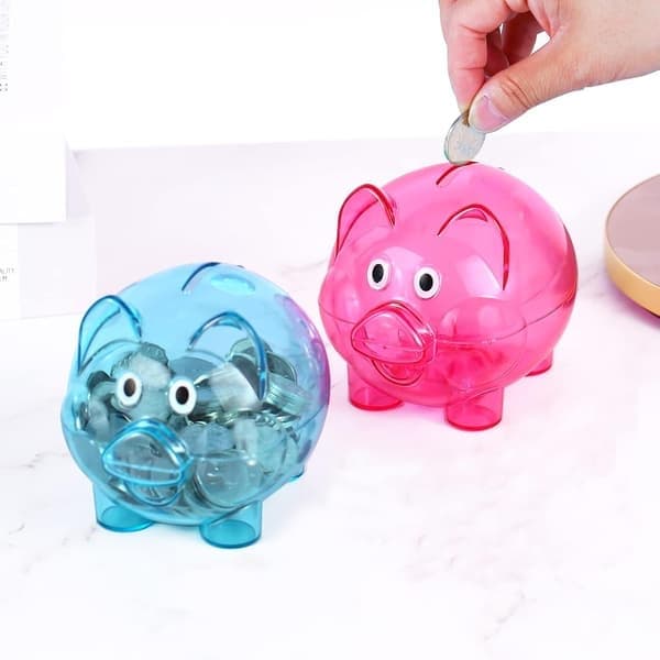 2 stk blå/rosa gjennomsiktig sparegris uknuselig pengebinge myntboks barn gutter jenter bursdag, jul, babyshower