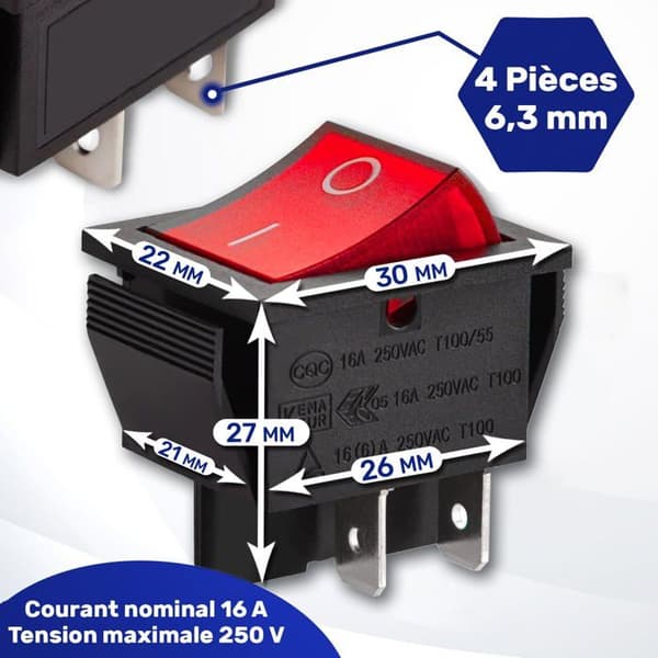 Rød belyst dobbeltpolet afbryder 250V 16A sort hus 4 Faston 6.3mm til kontrolpanel