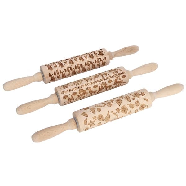 3 stk julepreget kjevle i tre deigrulle for kaker, kjeks, baking, kjøkkenredskaper