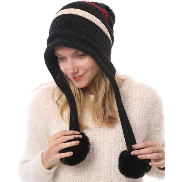 Strikket Beanie med Pom Pom Øreklapper Vinter til Kvinder Red