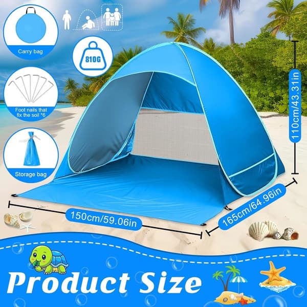 Pop-up strandtält, UPF 50+ UV-solskydd, strandskydd, självutfällbart vindskydd, solskyddstält med bärväska och markpinnar