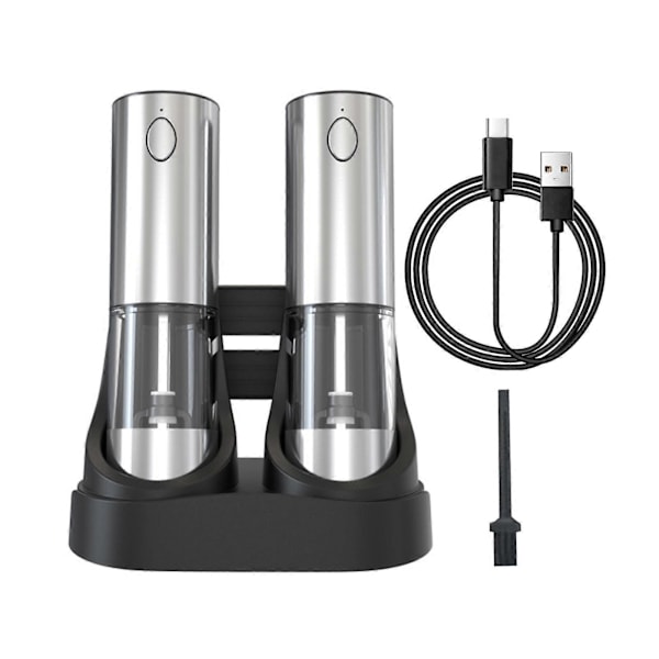 Elektrisk Salt- og Pepperkvernsett med innebygd belysning, USB-C-ladbart, justerbar grovhet, dobbel ladestasjon, enhåndsbetjening, kverner for H