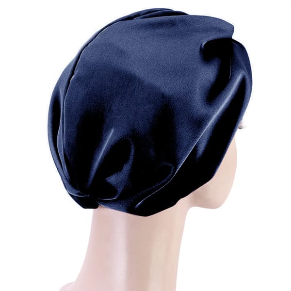 Dame imitert silke dobbeltlags sovehette/hårdeksel/silkehodeplagg med bredt elastisk bånd. Navy blue
