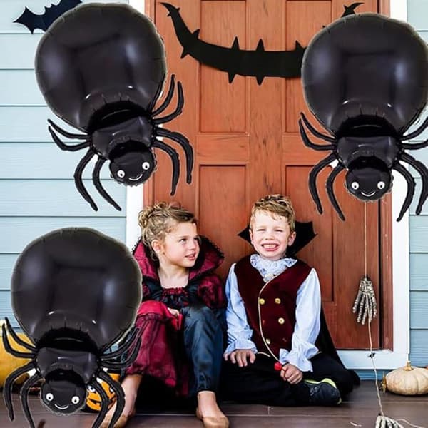 Sæt med 4 store edderkop-folieballoner til Halloween-festdekoration, sort
