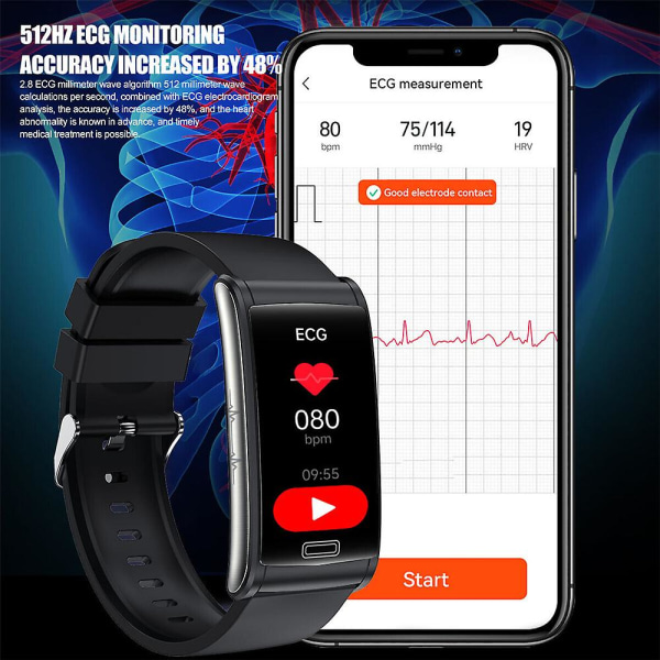 EKG Ppg Hrv Smart Watch Blodsockermätare Black Leather