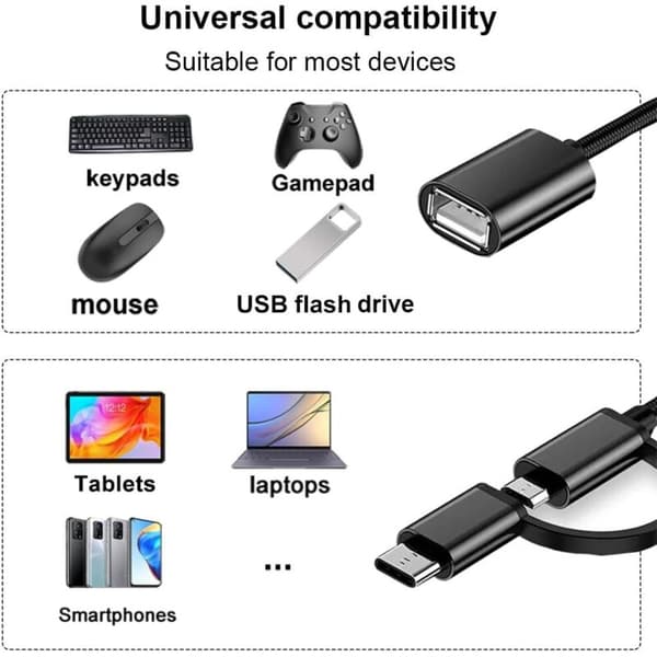 USB-C/Micro til USB OTG 2-i-1 Adapterkabel, USB til Android, Kompatibel med MacBook Pro, Android, Google, Samsung Galaxy S21, S22, S23