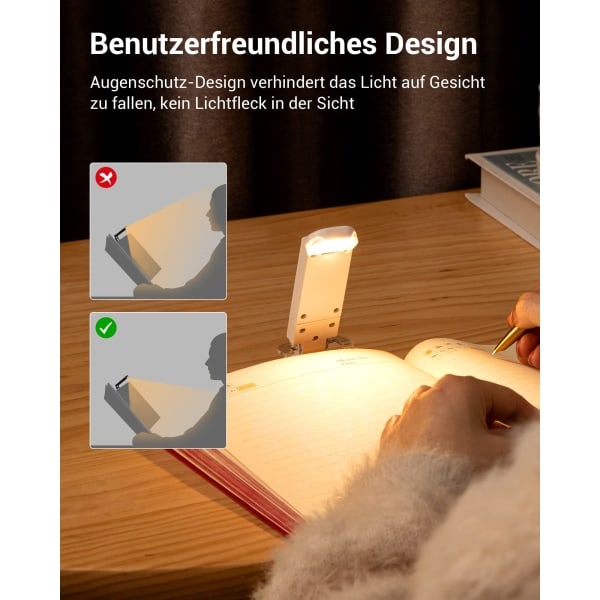 Boklampe med klemme, USB-oppladbar klemmelampe for lesing i sengen, justerbare lysstyrkenivåer boklampe, varm hvit leselampe white