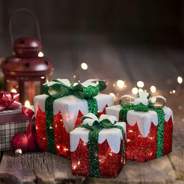 Set med 3 LED-presentaskar med grön rosett, julklappsaskar, festdekorationer