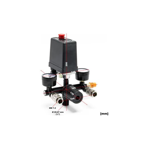 Trykkregulator 165 x 130 x 200 mm med trykkbryter for kompressor med 2 displayer, 2 koblinger og sikkerhetsventil, trykkreduserer